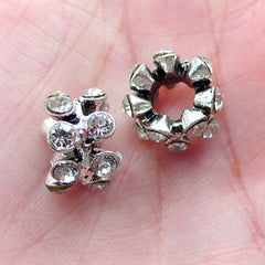 Rondelle Pave Beads (2pcs / 12mm x 8mm / Silver with Clear Rhinestones) Bling Bling Big Hole Bead Ring Bead Sparkle European Bead CHM2046