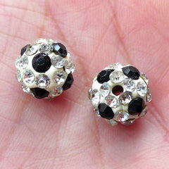 Disco Bead / Pave Bead / Crystal Clay Bead / Sparkle Ball Bead / Football Beads (2pcs / 10mm / White with Clear & Black Rhinestone) CHM2047