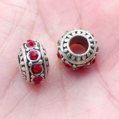 Rondel Bead with Rhinestones (2pcs / 11mm x 7mm / Tibetan Silver & Red) Large Hole Rondelle Bead Crystal Spacer Slider European Bead CHM2051