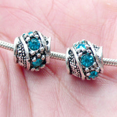 Barrel Beads w/ Rhinestones (2pcs / 10mm x 9mm / Tibetan Silver & Blue) European Bracelet Large Hole Bead Dreadlock Accessories CHM2055