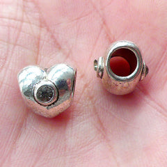 Rhinestone Heart Beads (2pcs / 10mm x 9mm / Tibetan Silver / 2 Sided) Large Hole Focal Bead Slider Bracelet DIY Bridesmaid Jewelry CHM2061