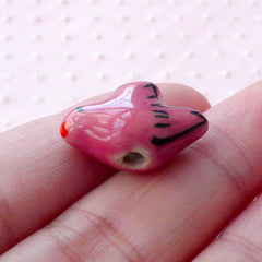 Dove Pottery Bead / Animal Ceramic Beads / Handpainted Porcelain Bead (2pcs / 19mm x 14mm / Dark Pink / 2 Sided) Bird Focal Bead CHM2068