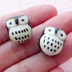 Owl Porcelain Bead / Animal Ceramic Bead / Bird Pottery Bead (2pcs / 14mm x 15mm / Black & White) Kawaii Focal Bead Cute Loose Bead CHM2071