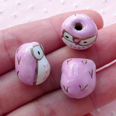 Owl Ceramic Bead / Animal Pottery Bead / Bird Porcelain Bead (2pcs / 14mm x 15mm / Light Purple & White) Handpainted Focal Bead CHM2072