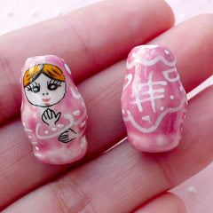 Nesting Doll Ceramic Bead / Babushka Pottery Bead / Russian Doll Porcelain Bead (2pcs / 12mm x 19mm / Pink) Matryoshka Focal Bead CHM2077