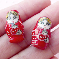 Matryoshka Ceramic Bead / Babushka Pottery Bead / Nesting Doll Porcelain Bead (2pcs / 12mm x 19mm / Red) Russian Doll Focal Bead CHM2076