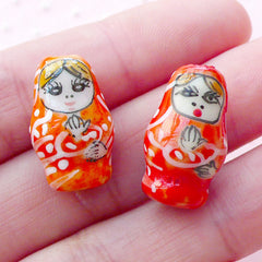 3D Russian Doll Porcelain Bead / Nesting Doll Pottery Bead / Matryoshka Ceramic Bead (2pcs / 12mm x 19mm / Orange) Babushka Bead CHM2078