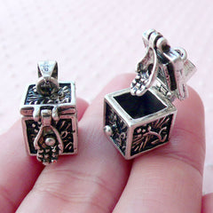 Treasury Box Charm / 3D Box Pendant (1 piece / 9mm x 14mm / Tibetan Silver) Whimsical Charm Jewelry Miniature Treasury Chest CHM2085