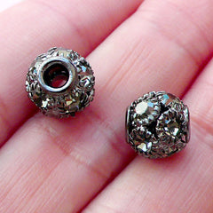 Crystal Ball Bead / Rhinestone Pave Bead (2pcs / 9mm x 8mm / Gunmetal) Bling Loose Bead Round Focal Bead Bracelet Necklace Earrings CHM2084