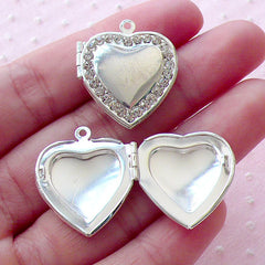DEFECT Heart Locket Pendant / Photo Frame Locket Charm w/ Rhinestones (1 piece / 21mm x 24mm / Silver) Lovers Valentines Day Wedding CHM2086