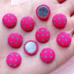 Kawaii Fabric Button Cabochon (10pcs / 12mm / Dark Pink & Green Polka Dot / Flatback) Jewellery Findings Cute Card Making Decoden CAB450
