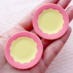 Kawaii Miniature Plate Cabochon with Flower Pattern (44mm / 2pcs / Pink & Yellow / Flatback) Dollhouse Food Whimsical Sweets Jewellery MC41