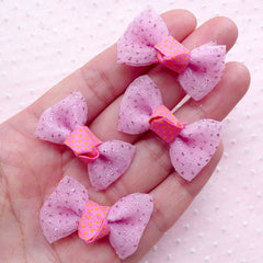 Mesh Bow Ties with Glitter / Tulle Fabric Bows / Gauze Ribbon (4pcs / 32mm x 20mm / Pink) Fairy Kei Hair Clip Making Packaging Supplies B037