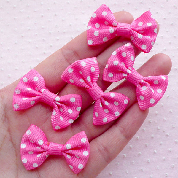Grosgrain Ribbon Bows / Polka Dot Bow Ties / Fabric Bowtie Applique (5pcs / 35mm x 25mm / Dark Pink & White) Baby Shower DIY Hair Bow B012