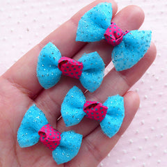 Gauze Fabric Ribbon with Glitter / Mesh Fabric Bow Ties / Tulle Bows (4pcs / 32mm x 20mm / Blue) Bow Applique Decora Hair Accessories B042