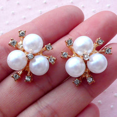 Hair Bow Centers with White Pearl and Clear Rhinestones (2pcs / 19mm x 21mm / Gold) Brooch Hair Bow Making Wedding Jewelry Decoden CAB457