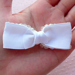Grosgrain Ribbon Bow Tie with AB Clear Bicone Beads / Fabric Bowtie (1 pc / 65mm x 25mm / White) DIY Hair Accessories Hairbow Headband B046