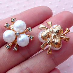 Hair Bow Centers with White Pearl and Clear Rhinestones (2pcs / 19mm x 21mm / Gold) Brooch Hair Bow Making Wedding Jewelry Decoden CAB457
