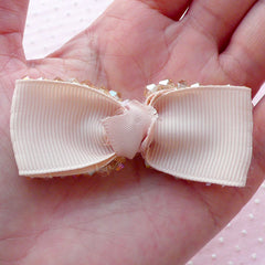 Fabric Bow Tie with Light French Beige Bicone Beads / Grosgrain Ribbon Bow (1 pc / 65mm x 25mm) DIY Hair Accessory Hair Clip Headband B047