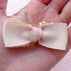 Fabric Bow Tie with Light French Beige Bicone Beads / Grosgrain Ribbon Bow (1 pc / 65mm x 25mm) DIY Hair Accessory Hair Clip Headband B047