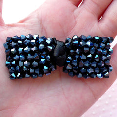 Fabric Bow with Metallic Black Bicone Beads / Grosgrain Ribbon Bowtie (1 piece / 65mm x 25mm) Brooch DIY Hairclip Hair Bow Making B048