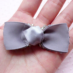 Fabric Bowtie with Grey Bicone Beads / Grosgrain Ribbon Bow Tie  (1 pc / 65mm x 25mm / Gray) Sewing Supply Embellishment DIY Brooch B049