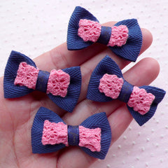 Dark Blue Bows with Lace Ribbon / Cute Fabric Bow Tie Applique (4pcs / 38mm x 24mm) Brooch Child Hair Clip Hairband DIY Card Making B058
