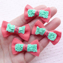 Cute Bows with Lace Ribbon / Kawaii Fabric Bowtie Applique (4pcs / 38mm x 24mm / Congo Pink) Baby Hairclip Hair Accessory DIY Scrapbook B059