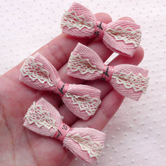 Pink Bows with Lace Ribbon / Kawaii Fabric Bowties Applique (4pcs / 48mm x 20mm) Headband Hair Tie Hairclip Making Lovely Card Making B054