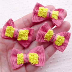 Pink Bowties with Lace Ribbon / Kawaii Bow Ties / Fabric Applique (4pcs / 38mm x 24mm) DIY Hairbow Hair Tie Packaging Embellishment B062