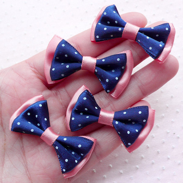 CLEARANCE Polka Dot Satin Ribbon Bowties / Double Ribbon Bow Tie / Fabric Bows (4pcs / 40mm x 25mm / Pink & Navy Blue) DIY Hair Clip Hair Tie B067