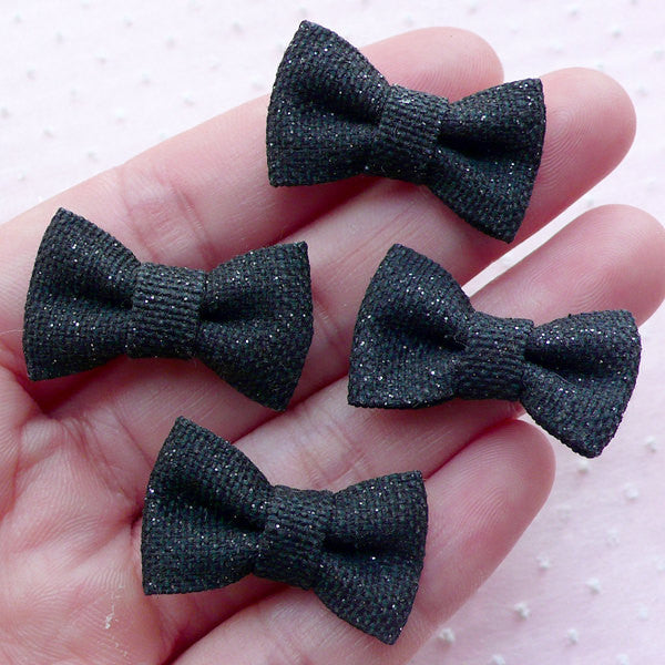 Denim Bows with Glitter / Jean Bowtie Applique / Fabric Bow Ties (4pcs / 27mm x 17mm / Black) Hairbow Hairband Hair Accessory Making B071