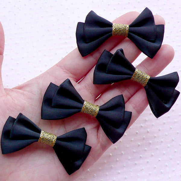 Black Satin Ribbon Bows / Fabric Ribbon Applique (4pcs / 52mm x 35mm) Wedding Party Decoration Sewing Supply Brooch Making Hair Bow DIY B075