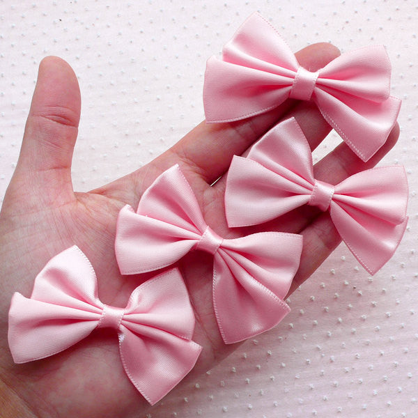 Pink Satin Ribbon / Fabric Bow Applique (4pcs / 65mm x 45mm) Headband Hair Band DIY Baby Shower Card Making Gift Packaging Favor Decor B087