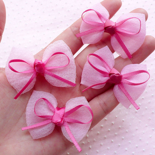 Gauze Fabric Bowtie with Ribbon / Cute Bows / Ribbon Applique (4pcs / 45mm x 32mm / Light Pink) Hairclip Hair Tie Making Embellishment B079