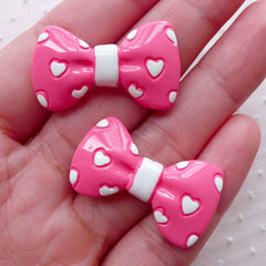 Pink Bow w/ Heart Cabochons (2pcs / 32mm x 18mm / Pink & White / Flatback) Cute Bowtie Phone Case Deco Embellishment Hair Clip Making CAB463