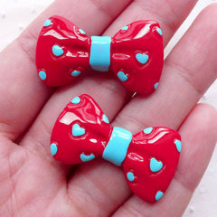 CLEARANCE Red Bowtie Cabochons w/ Heart Pattern (2pcs / 32mm x 18mm / Red & Blue / Flatback) Kawaii Bows Cellphone Decoration Lolita Jewellery CAB464