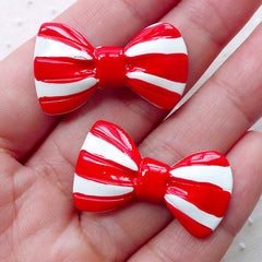 CLEARANCE Bowtie Cabochons w/ Stripe (2pcs / 31mm x 18mm / Red & White / Flatback) Bow Tie Jewellery Scrapbook Kawaii Hair Accessory Making CAB466