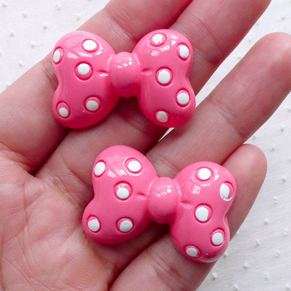 Polka Dot Bow Cabochons (2pcs / 32mm x 22mm / Pink / Flat Back) Cute Bowties Kawaii Ribbon Whimsical Dekoden Lolita Kitsch Jewellery CAB468
