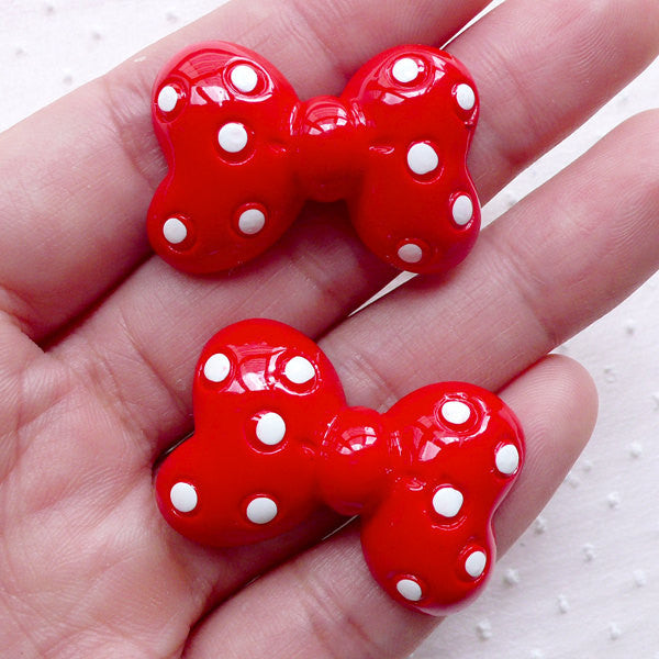 Cute Bow Cabochons w/ Polka Dot (2pcs / 32mm x 22mm / Red / Flatback) Kawaii Bowtie Ribbon Lolita Dekoden Whimsical Jewelry Scrapbook CAB469