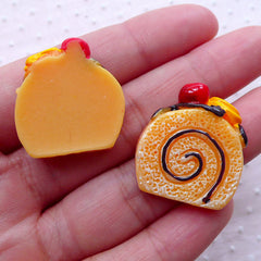 Kawaii Swiss Roll Cabochons (2pcs / 24mm x 26mm / Flat Back) Miniature Dessert Cake Whimsical Decoden Sweets Deco Cute Decoration FCAB307