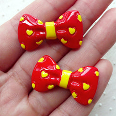 Bow Cabochons with Heart Pattern (2pcs / 32mm x 18mm / Red & Yellow / Flat Back) Bowtie Kawaii Decoden Kitsch Jewelry Scrapbooking CAB462