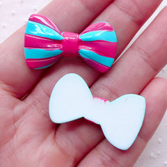 Kawaii Bowtie Cabochons w/ Stripe (2pcs / 31mm x 18mm / Pink & Blue / Flat Back) Cute Bows Cell Phone Deco Lolita Jewelry Making CAB465