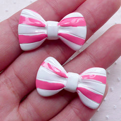 CLEARANCE Kawaii Bow Cabochons w/ Stripe (2pcs / 31mm x 18mm / Pink & White / Flat Back) Bowtie Jewellery Lolita Kawaii Dekoden Cute Decoration CAB467