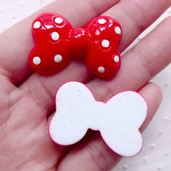 Cute Bow Cabochons w/ Polka Dot (2pcs / 32mm x 22mm / Red / Flatback) Kawaii Bowtie Ribbon Lolita Dekoden Whimsical Jewelry Scrapbook CAB469