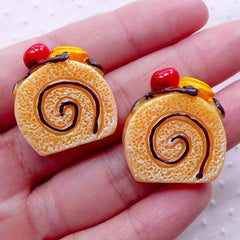 Kawaii Swiss Roll Cabochons (2pcs / 24mm x 26mm / Flat Back) Miniature Dessert Cake Whimsical Decoden Sweets Deco Cute Decoration FCAB307