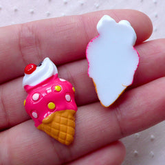 Kawaii Cabochons / Strawberry Ice Cream Cabochon (2pcs / 16mm x 28mm / Flat Back / Dark Pink) Miniature Sweets Whimsical Decoration FCAB314