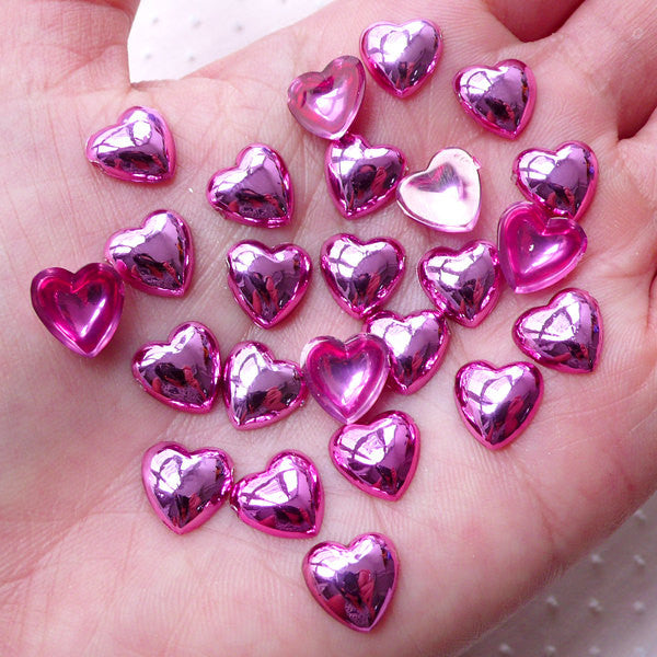 Pink Puffy Heart Acrylic Cabochons (25pcs / 10mm / Flat Back) Kawaii Decoden Phone Case Valentines Day Love Wedding Card Decoration CAB475
