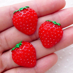 Decoden Strawberry Cabochons / Kawaii Fruit Cabochon (3pcs / 19mm x 21mm / Flatback) Whimsical Deco Kitsch Cute Cutie Embellishment FCAB321