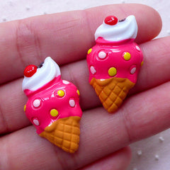 Kawaii Cabochons / Strawberry Ice Cream Cabochon (2pcs / 16mm x 28mm / Flat Back / Dark Pink) Miniature Sweets Whimsical Decoration FCAB314